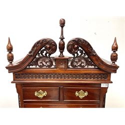 Chippendale style mahogany chest on stand, carved and pierced swan neck pediment above nine graduating drawers, shaped apron, acanthus carved cabriole legs on ball and claw feet 