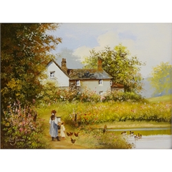  Children Fishing and Feeding Hens, two oils on canvas signed by Les Parson (British 1945-) 30cm x 40cm (2)   