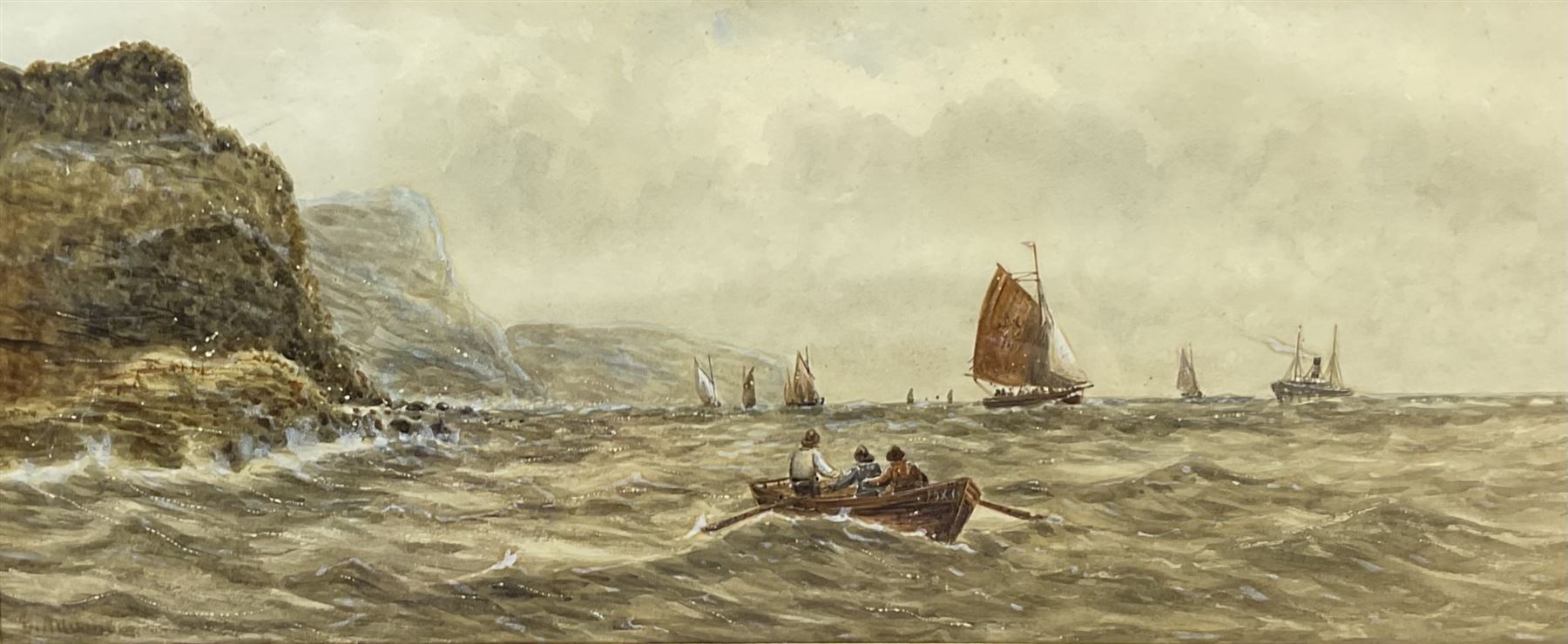 E Adams (British 19th/20th century): Scarborough Fishing Boats off the Yorkshire Coast, watercolour indistinctly signed 23cm x 54cm