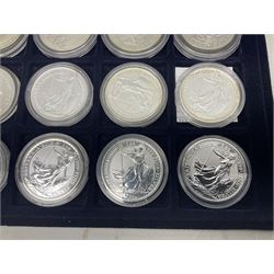 Twenty-four Queen Elizabeth II Britannia one ounce fine silver two pound coins, dated 1998, 1999, 2000, 2001, 2002, 2003, 2004, 2005, 2006, 2007, 2008, 2009, 2010, 2011, 2012, 2013, two 2014, 2015, 2016, 2017, 2018, 2019 and 2020 (24), housed on a coin tray