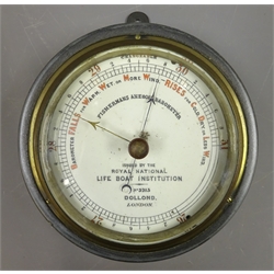  Circular metal cased  'Fishermans Aneroid Barometer' issued by the Royal National Life Boat Institution, No. 3213, with brass bezel, by Dollond, London, D16cm   