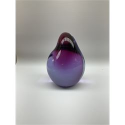 Livio Seguso (Italian, 1930-), Murano glass penguin paperweight in purple and blue, H12.5cm, together with another paperweight modelled as a polar bear for Graglas of Germany, c1970, both with etched marks beneath