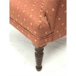 *Late 20th century beech framed armchair upholstered in buttoned pale red patterned fabric, turned supports, W72cm, H105cm