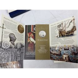 The Royal Mint United Kingdom 2005 proof coin set, with certificate, 2009 'Henry VIII' brilliant uncirculated fine pound coin, 2010 brilliant uncirculated coin collection, 2015 'The Fourth and Fifth Circulating Coinage Portrait Collection', and 'Farewell and Nations of the Crown UK' one pound brilliant uncirculated two coin set, all cased or in card folders