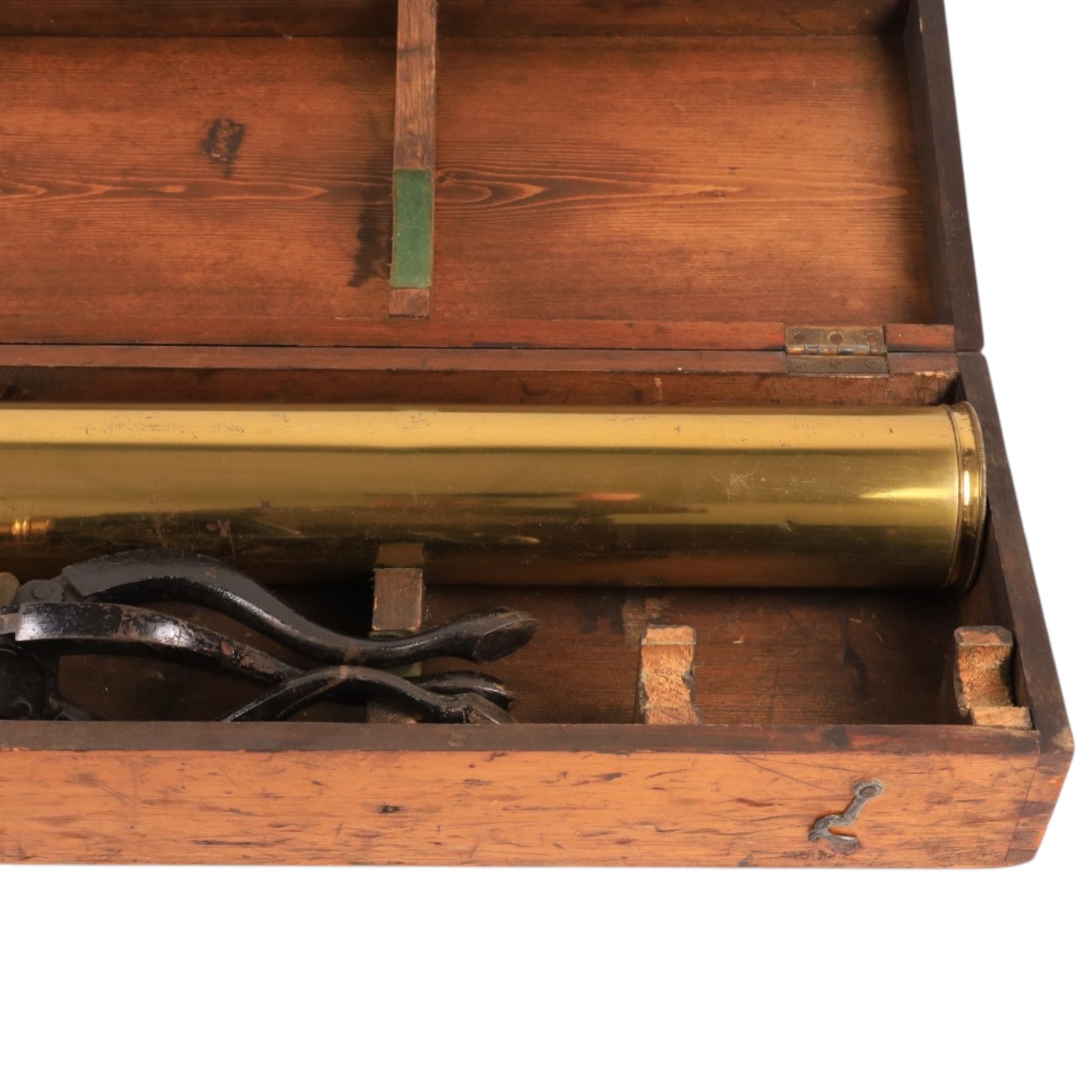 19th century lacquered brass refracting telescope by Bateman & Branches, 104 Strand London, upon a folding tripod with four eyepieces and within a wooden case, telescope L
