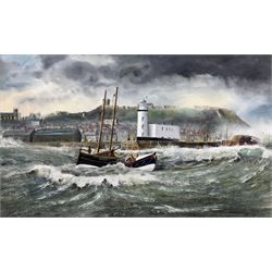 Robert Sheader (British 20th century): Scarborough Lifeboat and Fishing Boat SH87 off the Lighthouse, oil on board signed 37cm x 60cm 
