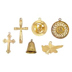 Three 9ct gold pendant / charms including crosses and Chinese emblem, 7ct gold bell charm and two 17ct gold pendant charms