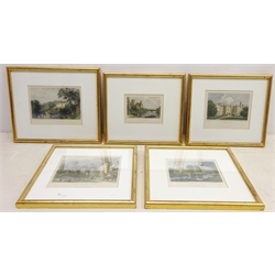  'Mulgrave Castle', 'Wynyard, Durham', 'Barnard Castle', Lambton Hall' and 'Finchale Priory', five 19th century etchings hand coloured max 12cm x 16cm (5)  