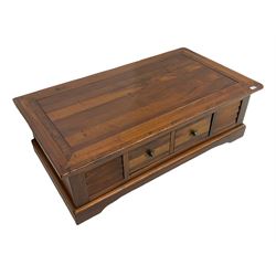 20th century French cherry wood coffee table, rectangular top over singular through drawer
