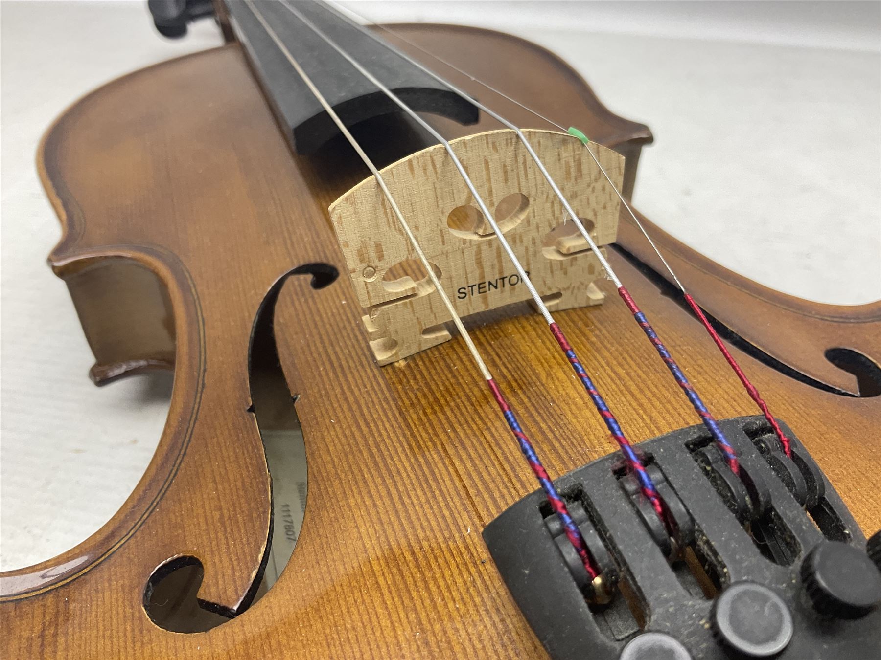Stentor Student violin with 36cm two-piece back and spruce top, bears label 'The Stentor Student II No.1117807' L59cm; and another similar student's violin by Palatino (2)