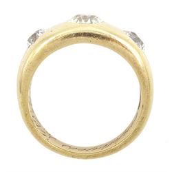 Early 20th century gentleman's gold gypsy set, three stone old cut diamond ring, stamped 18ct, principal diamond approx 1.20 carat, total diamond weight approx 2.50 carat