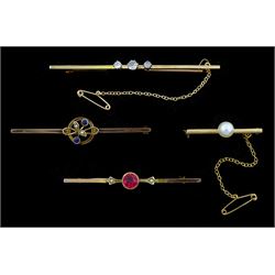 Gold three stone old cut diamond brooch, stamped 18ct and three 9ct gold stone set brooches including pearl
