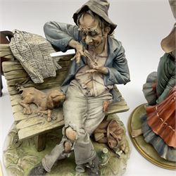 Four Capodimonte figures, comprising Shoemaker by T Galli, Tramp on Bench by Roby B, The Fiddler by Maria Angela, and Gypsy Dancers by Sandro, each with accompanying certificate, plus a Beswick matt glazed horse, and small Beswick pheasant. 