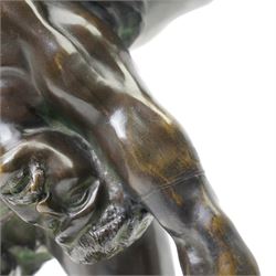 After Jef Lambeaux (Belgian 1852-1908): 'The Wrestlers' (Les Lutteurs), early 20th-century bronze group depicting two Hellenic classically nude male figures engaged in a violent athletic struggle or pankration event, on a naturalistic base signed, H63cm
Notes: the composition may plausibly be interpreted as Hercules and Antaeus, the mythological combat in which Hercules overcomes Antaeus by lifting him from the earth, thereby depriving him of his strength
