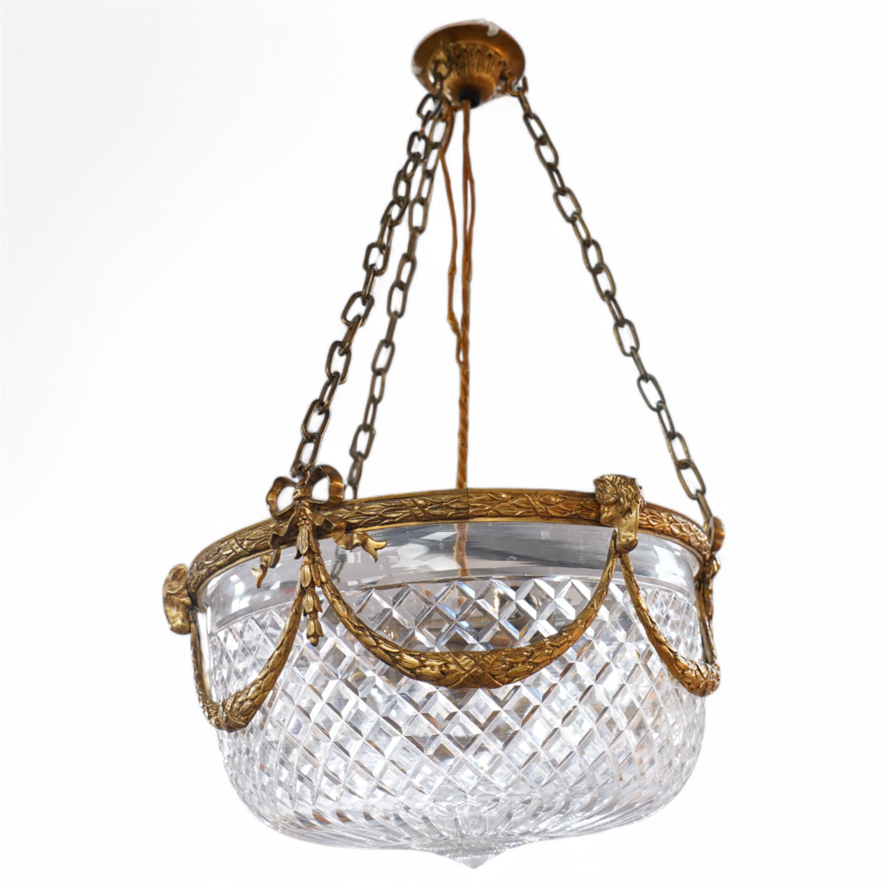 Late 20th century gilt metal ceiling light, circular form decorated with rams heads and swags, frosted glass bowl with bevelled decoration (D51cm); together with another late 20th century gilt metal ceiling ight, decorated with ribbons and rams heads with laurel swags, moulded glass bowl (D32cm)