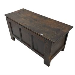 18th century oak blanket chest, hinged top over triple panelled front