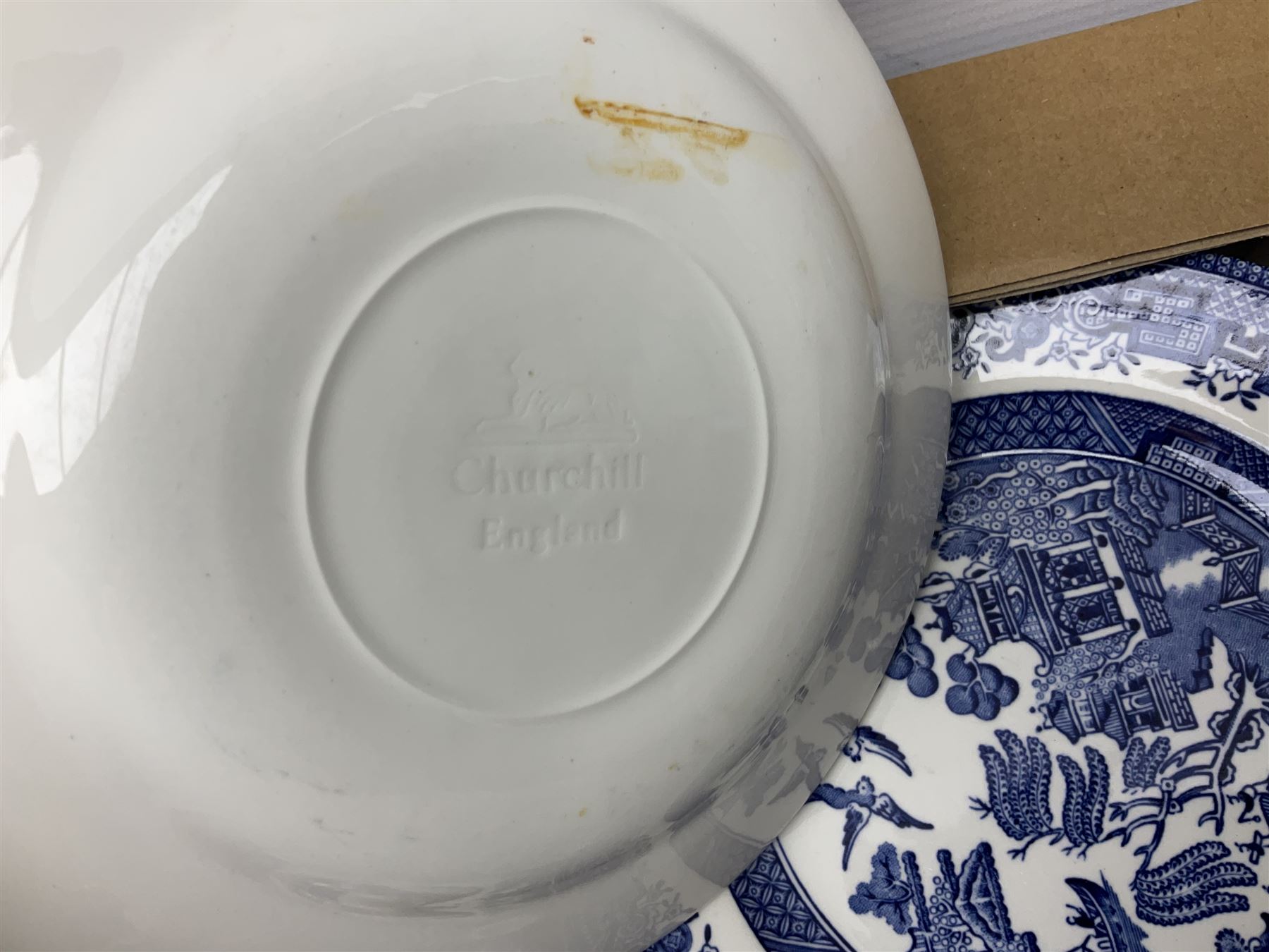 Large collection of blue and white ceramics, to include Spode Italian pattern with blue mark, Wood and Sons Yuan, pickle dish, Delft style etc, dinner plates, tea wares, bowls etc in six boxes