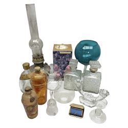 Val St. Lambert cut glass twin branch candelabra, signed beneath, together with quantity of other glassware to include decanters, etc