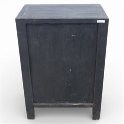 19th century Chinese black lacquer marriage cabinet, rectangular form, twin cupboard doors painted with gilt chinoiserie scenes depicting mounted figures, ritual urns and symbolic objects within patterned borders, central shaped metal lock plate with twin drop handles, lower section decorated with fruiting sprays, standing on stile supports