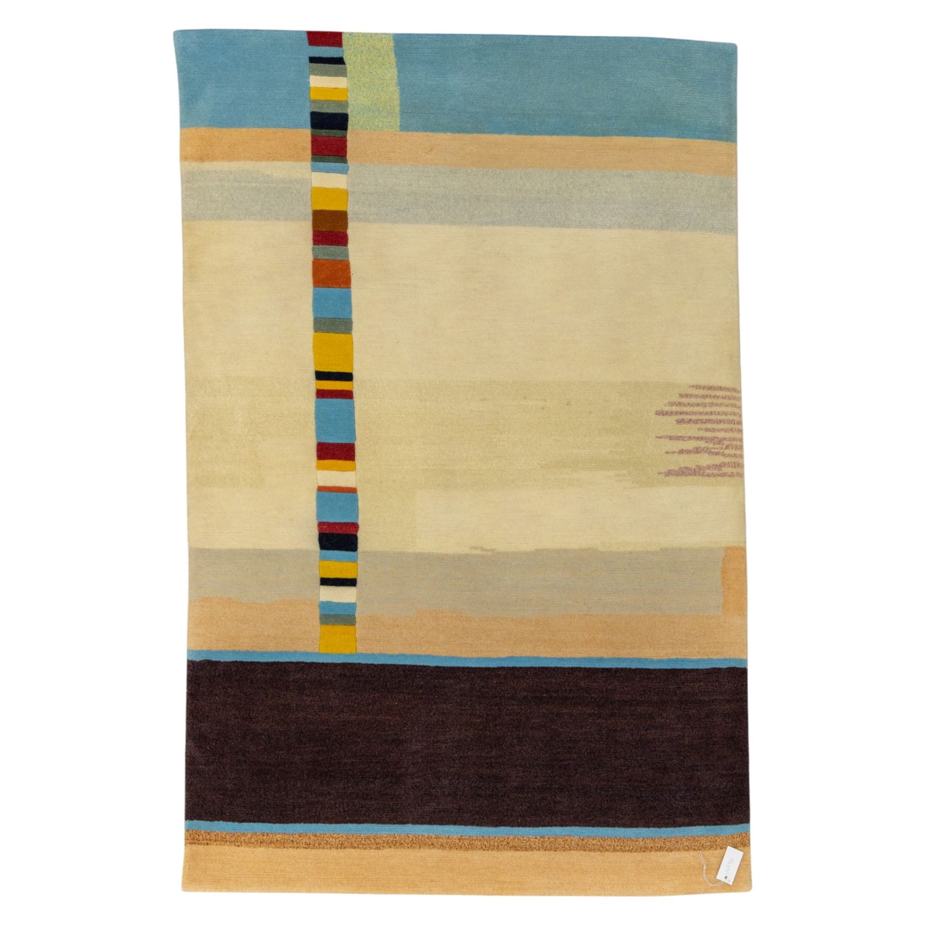 Rugs by Design - ‘Sand Bar’ Nepalese thick pile wool rug, with abstract horizontal bands in cream, blue, camel and dark brown tones, centred by a narrow multicoloured vertical stripe