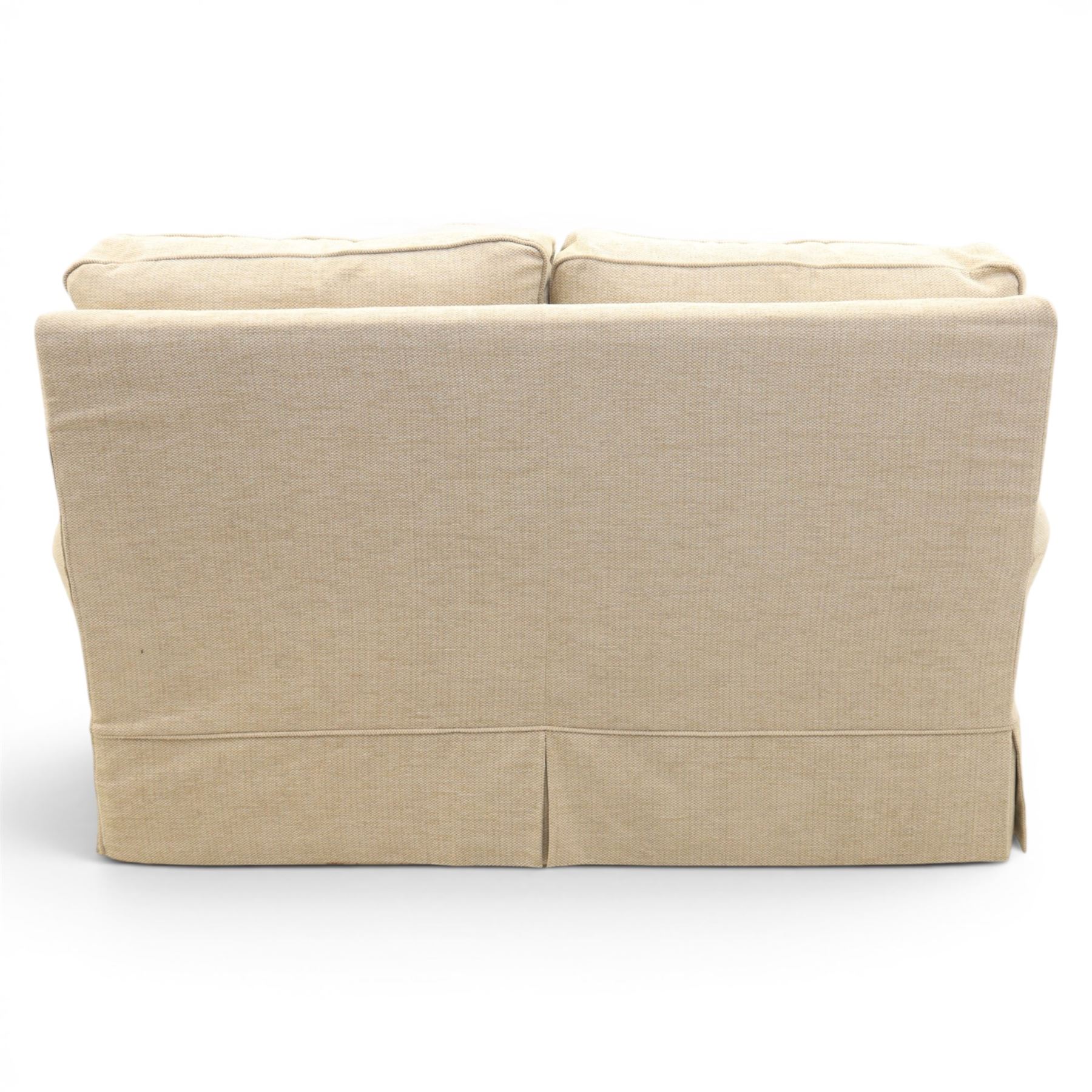 Wesley Barrel - two seater sofa and matching armchair,with scrolled arms and loose cushions, beige chenille fabric, raised on castors  (Armchair: H 100cm, D 100cm, W 87cm)