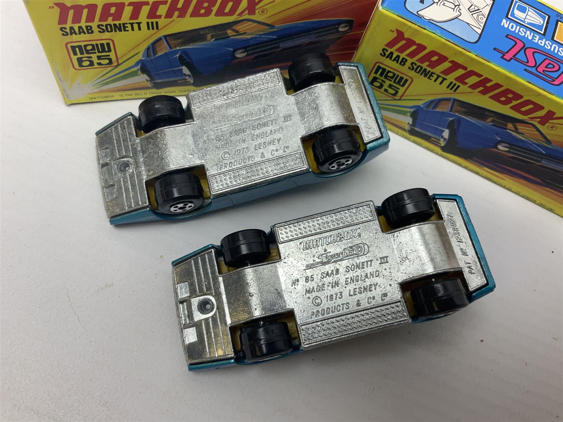 Matchbox 1-75 Series 'Superfast' ex-shop stock - eight models comprising two 62d Dragster, two 64c Slingshot Dragster, two 65d Saab Sonnet III and two 75c Alfa Carabo; all boxed; together with Matchbox trade catalogue c1973 in original vinyl cover (9)