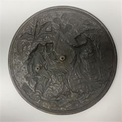Late 19th century bronze plaque, of circular form, depicting the angel appearing to Adam and Eve in the garden of Eden in high relief, D25.5cm
