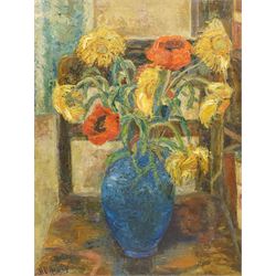 H Bailey (British Mid-20th century): Still Life of Sunflowers in a Vase, oil on board signed 50cm x 37cm; Sibil Elizabeth Swinden (British Mid-20th century): Still Life of Blue Flowers in a Pot, oil on canvas labelled verso 44cm x 34cm (2)