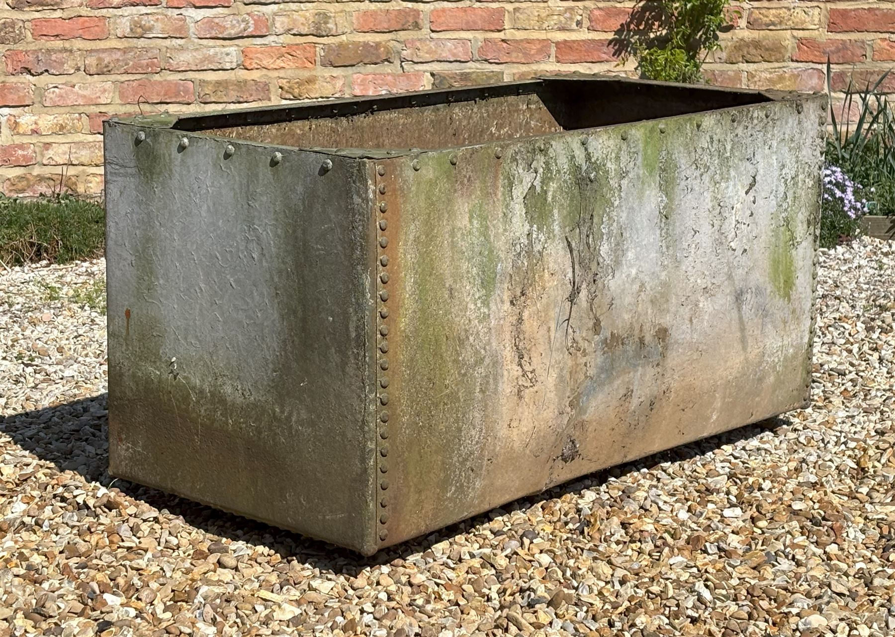 Large galvanised steel tank or planter of riveted construction. L122cm, 60cm x 60cm.  - COLLECTION BY APPOINTMENT FROM: The White House, Thirsk Road, Easingwold, York, YO61 3NF - CALL 01723 507111 TO ARRANGE