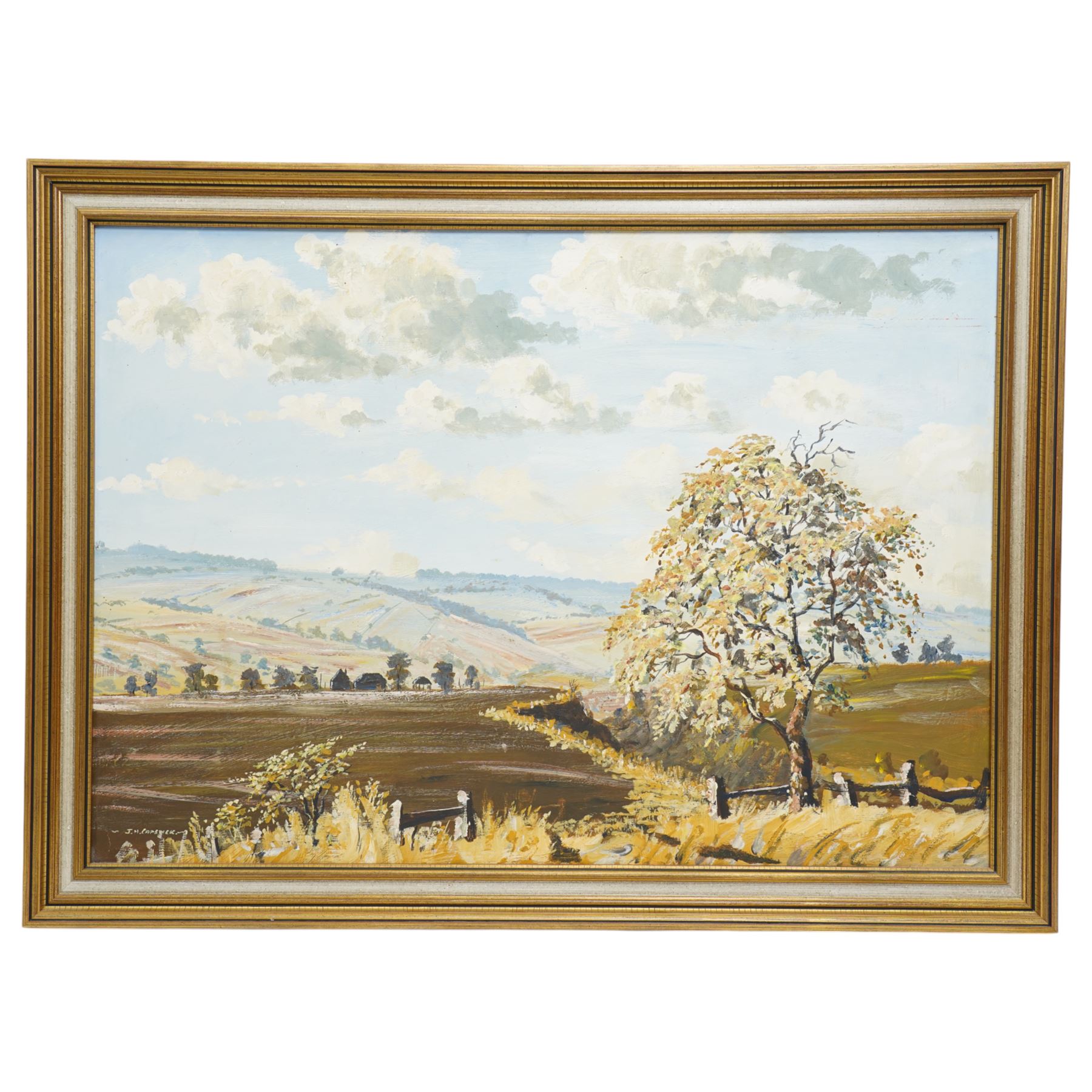 John H Capstick (British 20th century): 'A Dales Landscape' 'Summer Wolds' and 'Autumnal Wolds', set of three oils on board signed, artists label verso max 50cm x 75cm (3)