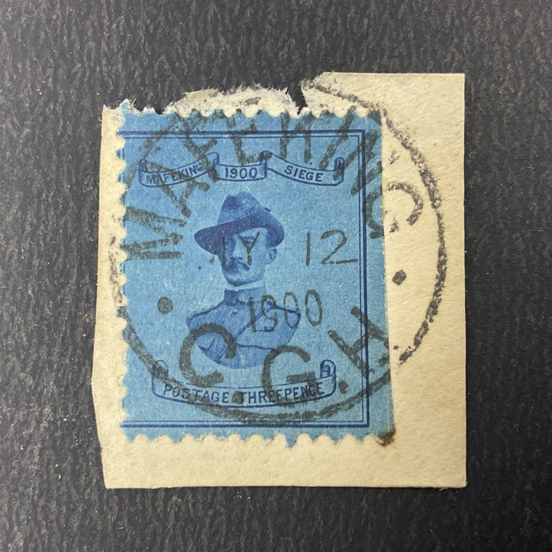 Second Boer War interest, General Baden Powell 1900 threepence stamp, used with 'Mafeking 1900 C.G.H' postmark, on piece 