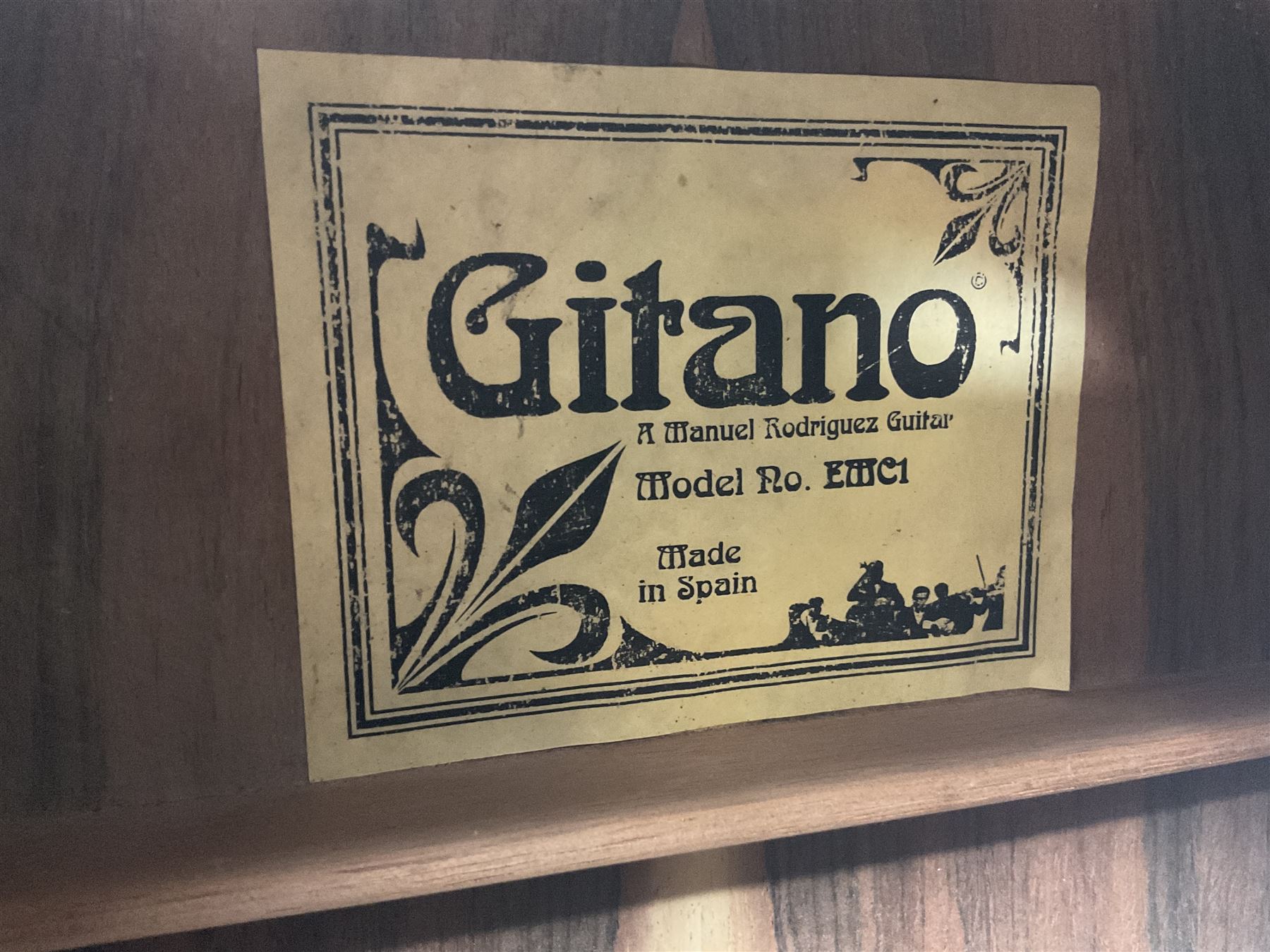 Spanish Gitano Manuel Rodriguez EMC1 Maccaferri acoustic guitar, c2000, the cedar top with D-hole, L98cm overall; in lightweight hard carrying case.