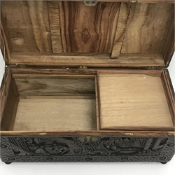  Eastern carved camphor wood blanket box depicting urban scene, W94cm, H49cm, D45cm   