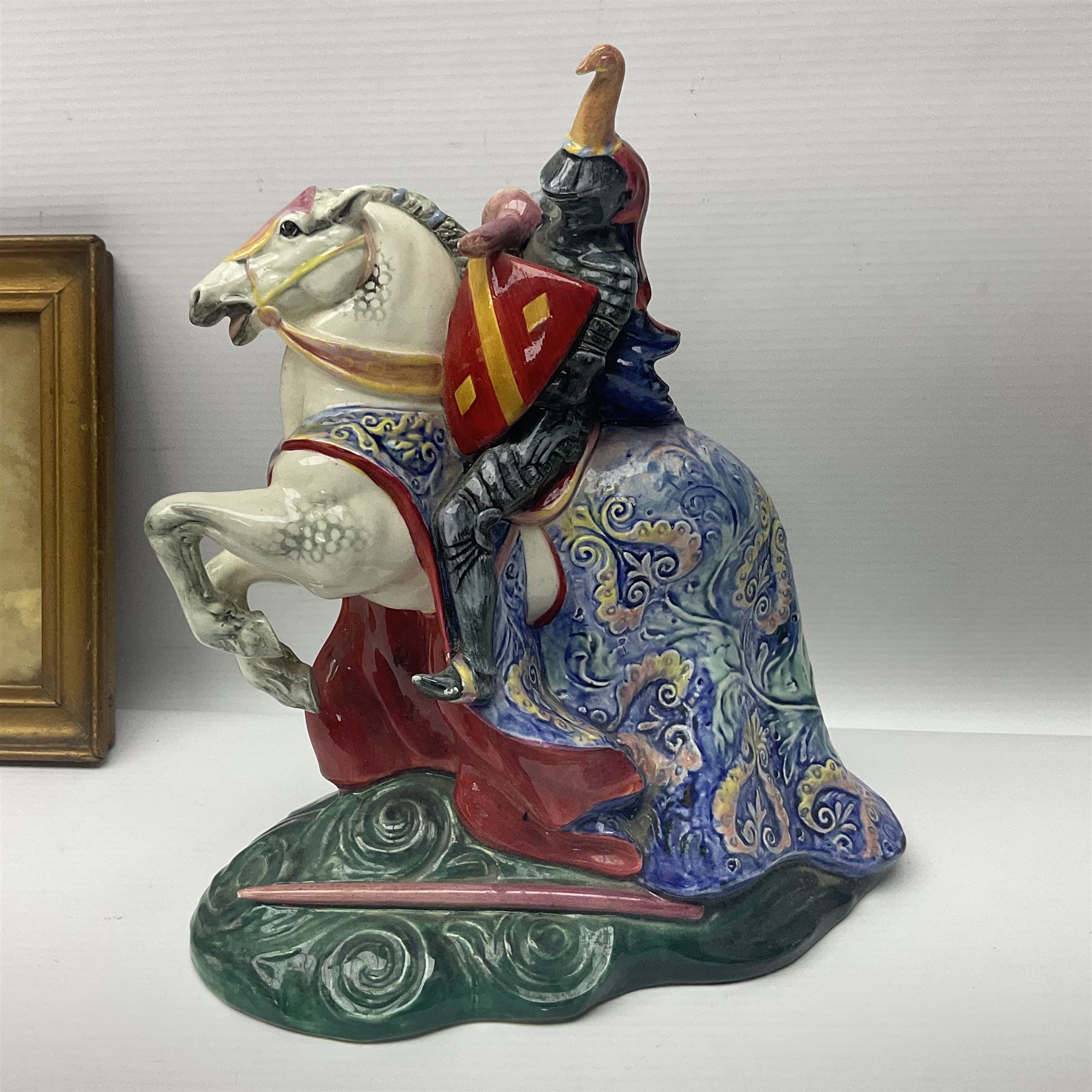 Four Royal Doulton figures, to include The Broken Lance HN 2041, The Old Balloon Seller HN 1315, The Balloon Man HN 11954 and Little Boy Blue HN 2043, together with a Coalport Ladies of Fashion figure Regina and three framed hunting silk needle works