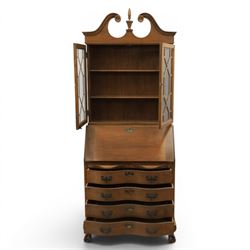 Maddox of Jamestown New York - Georgian design mahogany bureau bookcase, broken arch pediment with central finial, astragal glazed bookcase, above a fall front writing slope with fitted interior, four serpentine drawers, raised on claw on ball feet 