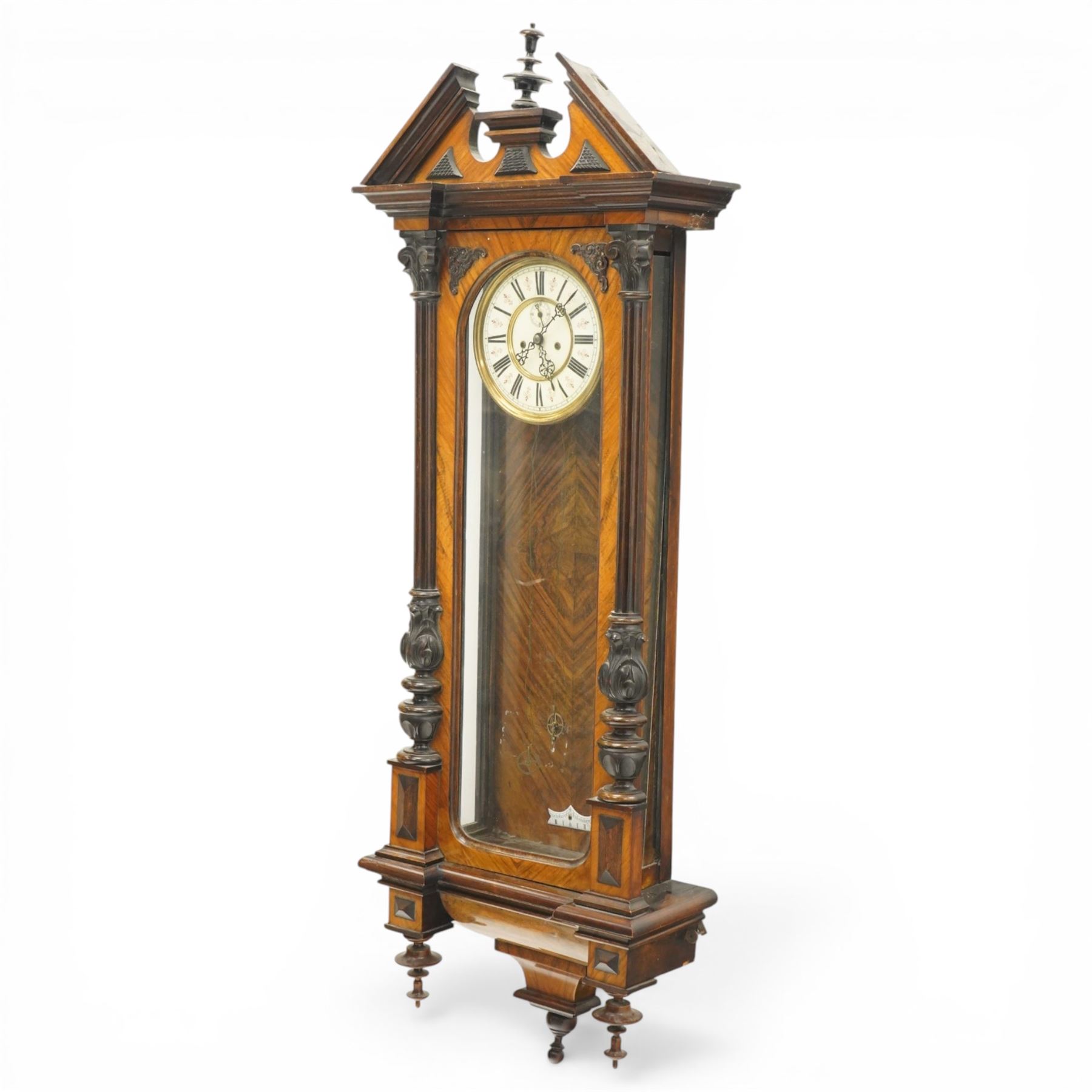 Late 19th century Vienna regulator wall clock with 19cm dial in walnut case with broken arch pediment and brass weights H128cm 