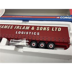 Corgi - three limited edition Hauliers of Renown lorries; CC13231 DAF XF Curtainside James Irlam & Sons Ltd; CC13420 MAN TGA Curtainside Woody's Express; and CC13603 DAF CF Curtainside Tyson H. H. Burridge Ltd; all boxed (3)