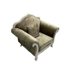 French style white finish armchair, upholstered in grey fabric with scrolling floral pattern, the frame decorated with leaf motifs 