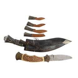 Gurka Kukri, together with two smaller examples and a Japnese folding knife 