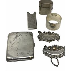Group of silver, comprising capstan inkwell, hallmarked Birmingham, makers mark and date letter worn and indistinct, cigarette case, hallmarked William Hair Haseler, Birmingham 1910, small case with foliate engraving and monogram, hallmarked Birmingham 1899, makers mark indistinct, five silver handled knifes, various hallmarks, some worn and indistinct, a number marked for Sheffield, together with a small group of silver plate, to include caddy of bellied and part fluted form, upon four bun feet, teapot, milk jug and twin handled sucrier, each of canted form, three piece cruet set, plus a cased amber cheroot holder with 9ct gold collar, and small quantity of costume jewellery. 