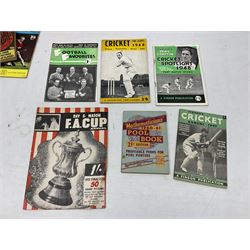 Football - Sherman's Searchlight on Famous Teams trade cards 1938-39 (28) and Searchlight on Famous Players (15); and nine booklets including F.A. Cup Annual 1951;two early 1960s F.A. Yearbooks etc; together with seven photographs of cricket teams, first half of 20th century; and four 1940s and later cricket booklets; and a signed postcard of boxer Len Harvey
