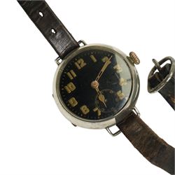 WWI wristwatch in silver case inscribed 'April 4th 1916' and a WWII open faced military G.S.T.P. pocket watch in nickel case