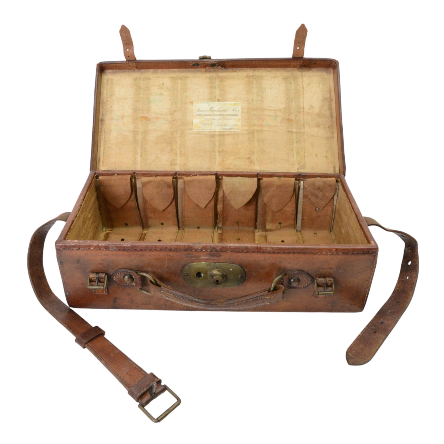 Leather six division shotgun cartridge box with the label of James Woodward, London W47cm
