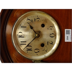  20th century inlaid mahogany arched top mantel clock with silvered Arabic dial, brass columns and feet, half hour strike twin train movement, with 1926 LNER Carriage Works presentation plaque, H27cm     
