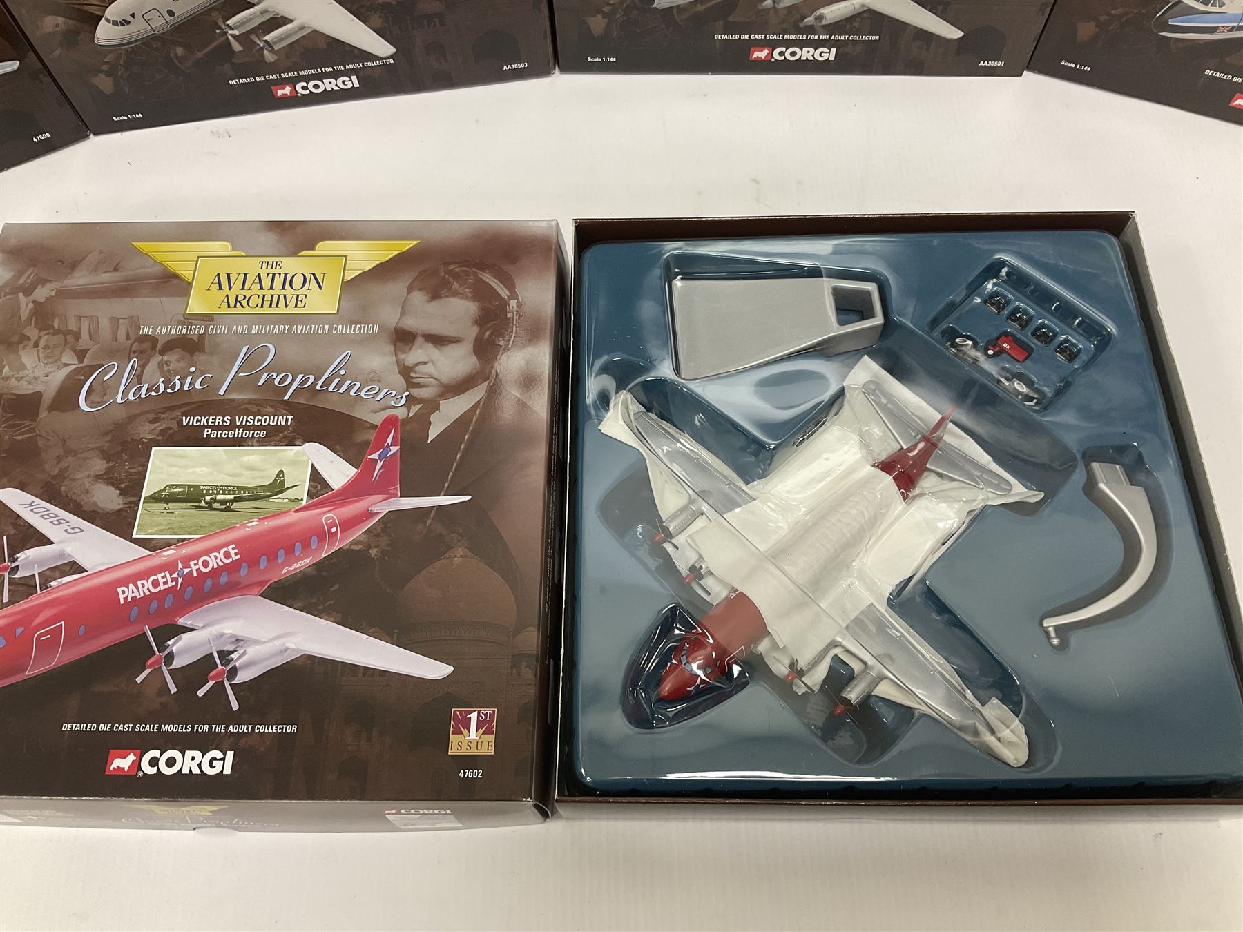 Corgi - Aviation Archive, eleven ‘Classic Propliners’ 1:144 scale models comprising Vickers Viscount models; 47601 700 Series British European Airways; 47602 Parcelforce; 47603 Continental Airlines; 47604 800 Series Lufthansa; 47605 700 Series British Eagle no.391/2900; 47606 806 Virgin Atlantic Airways; 47607 802 British European Airways; 47608 806 British Airways no.985/3000; 47609 836 British Midland Airways no.1530/2500; AA30501 800 Aer Lingus no.651/2100; AA30503 800 British Air Ferries no. 1131/2100; all boxed (11) 