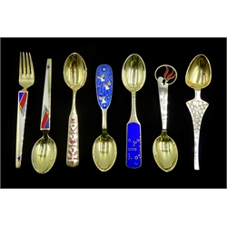 Six silver-gilt and enamel Christmas spoons and a fork by Anton Michelsen, all stamped