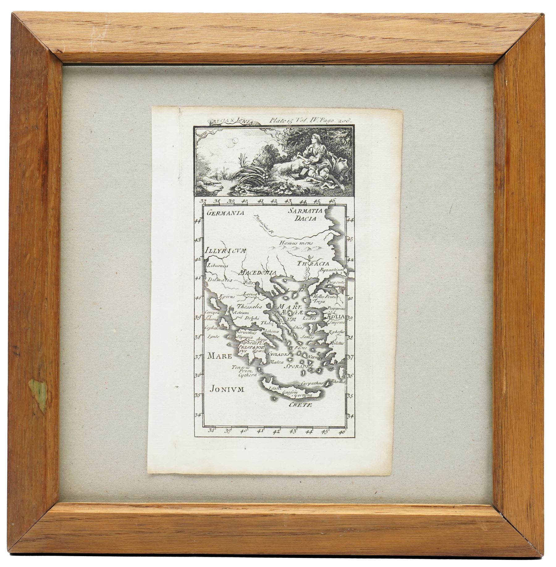 Gabriel Ramirez (Spanish 18th century): ‘La Grecia Y Onia’, 18th century engraved map of Ancient Greece, Ionia and the Aegean, extending from Illyricum and Macedonia to Crete and the Sea of Marmara, with decorative vignette pub. Espectaculo de la Naturaleza c.1739, 16cm x 11cm