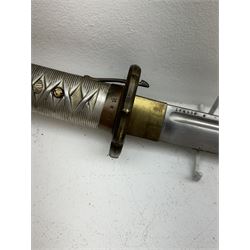 WWII Japanese katana with cast pierced tsuba, the L69cm arsenal steal blade marked 144559, with black lacquer Saya (scabbard), L97cm overall