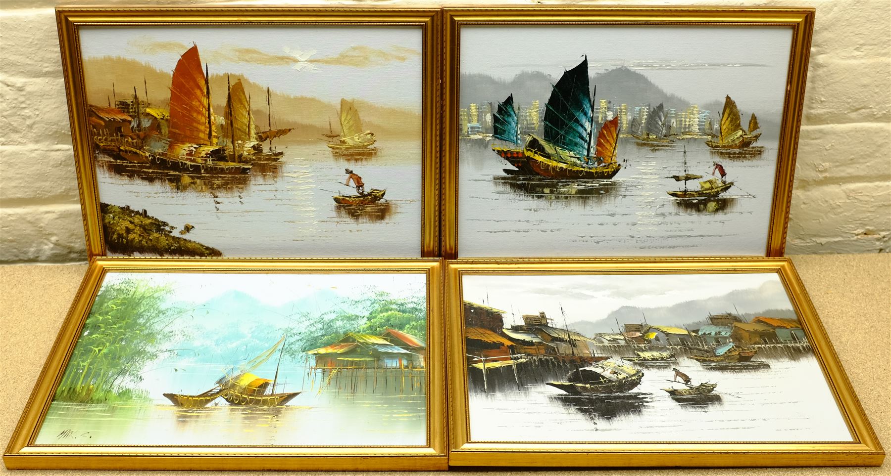 Oriental School (20th century): City Harbour, oil on canvas indistinctly signed, together with four smaller similar oils on board and a portrait of a gentleman, max 45cm x 54cm (6)