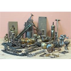 Mixed lot of mostly brassware, to include door bell, lengths of chain, rocking horse stirr...